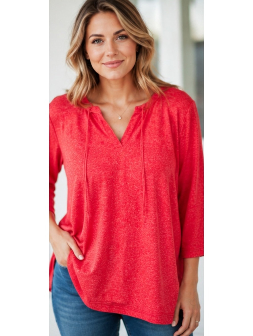 French Kyss Coral Red Viscose Blend 3/4 Sleeve Top, Size Large